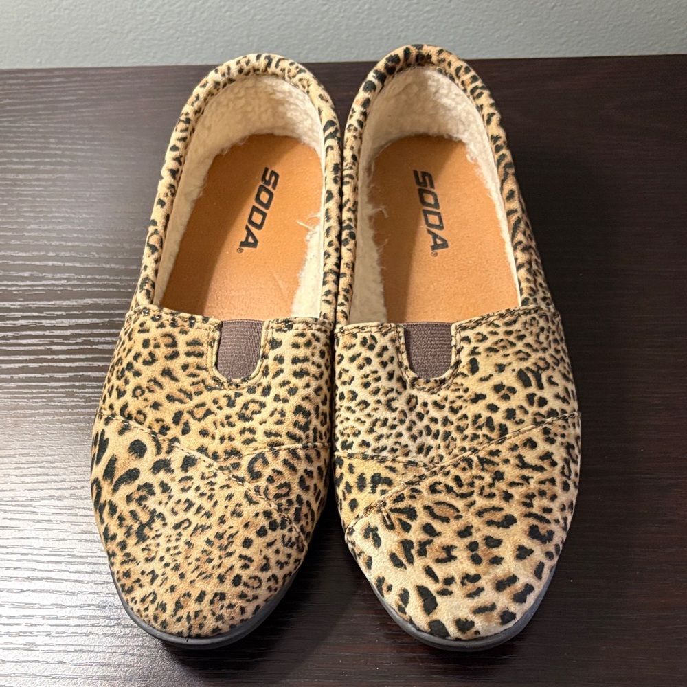 Soda Leopard Print Slip-On Flats in Tan and Black